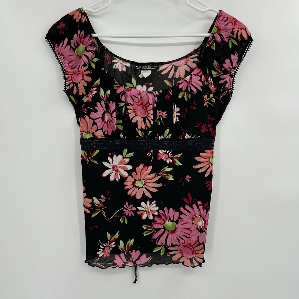 Vintage Y2K Self Esteem Floral Mesh Babydoll Top XL Tie Back Fairy Whimsigoth